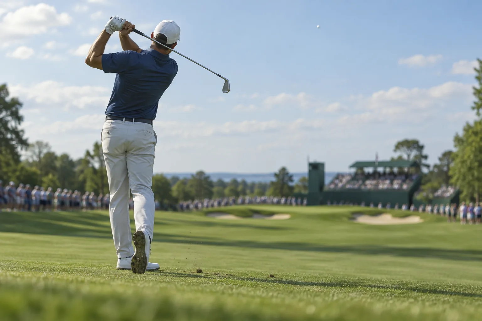 jason day golfer viewed from behind in follow-through as a white ball rises over the green tournament course.