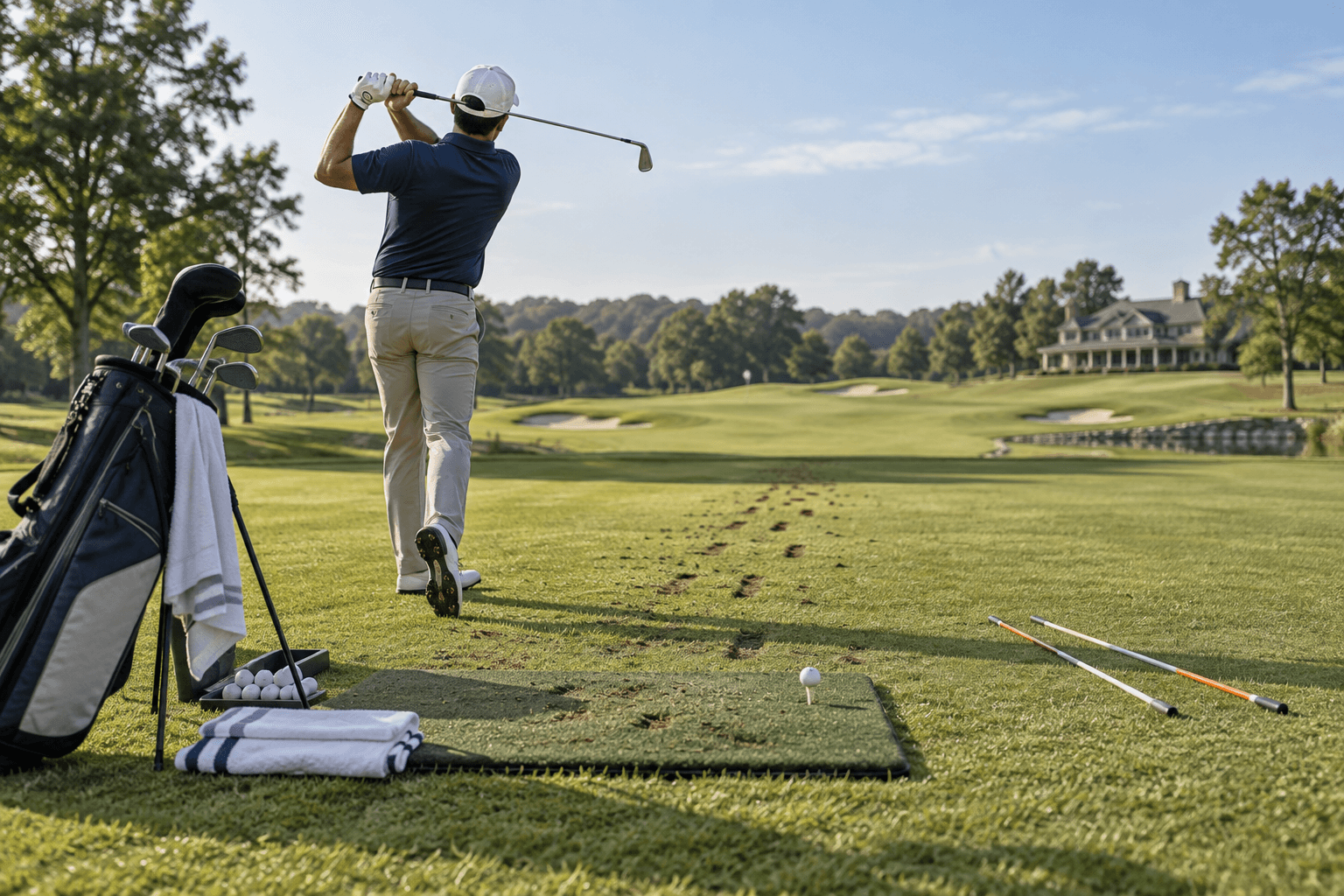 A jason day golfer practises a measured follow-through on a sunlit green, with a golf bag, ball and divots nearby.