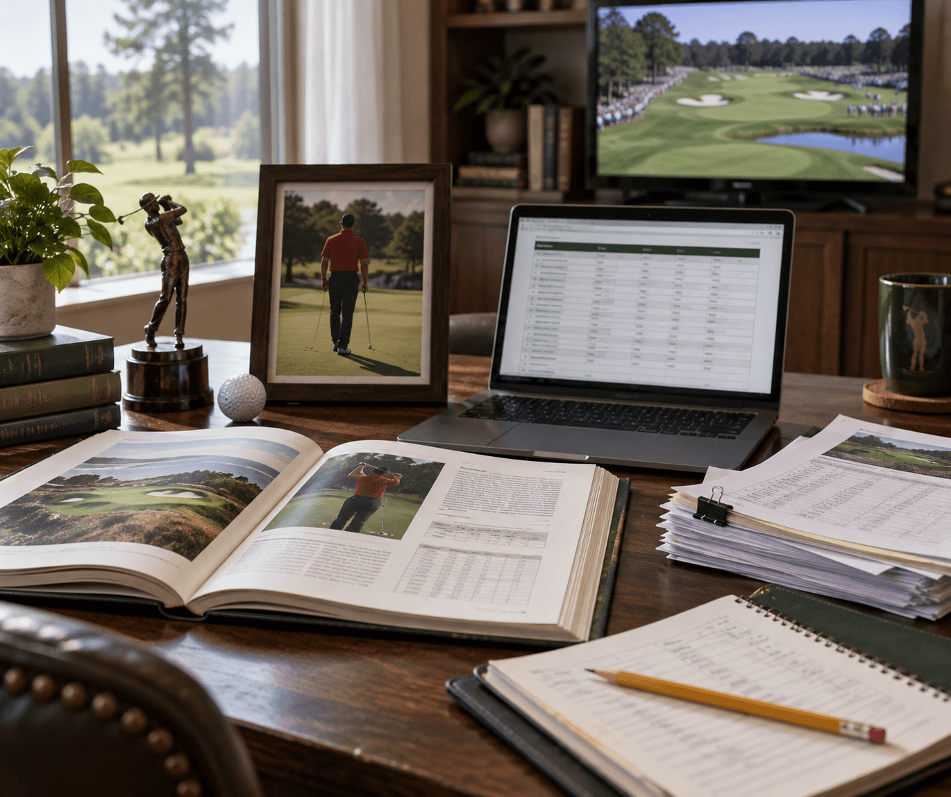 A golf reference desk with tournament records, a laptop and trophy, plus a framed golfer in red; jason day golfer profile scene.