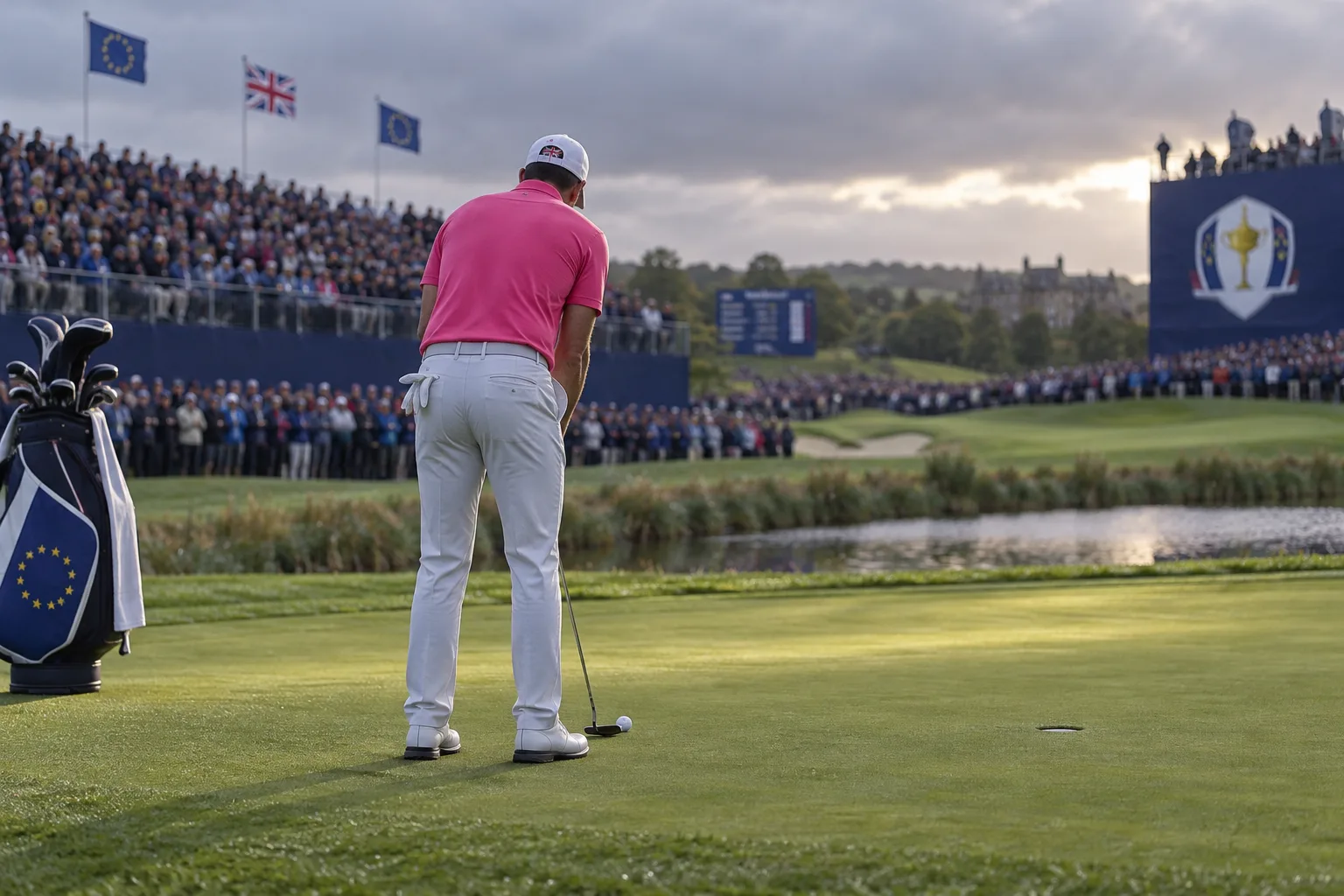 poulter golf scene: golfer in a vivid pink shirt poised to putt before a packed grandstand on a Ryder Cup course.