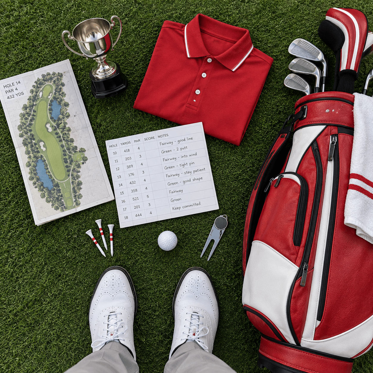 Overhead flat lay of golf shoes, a red-and-white bag, scorecard and trophy on green turf, inspired by poulter golf.