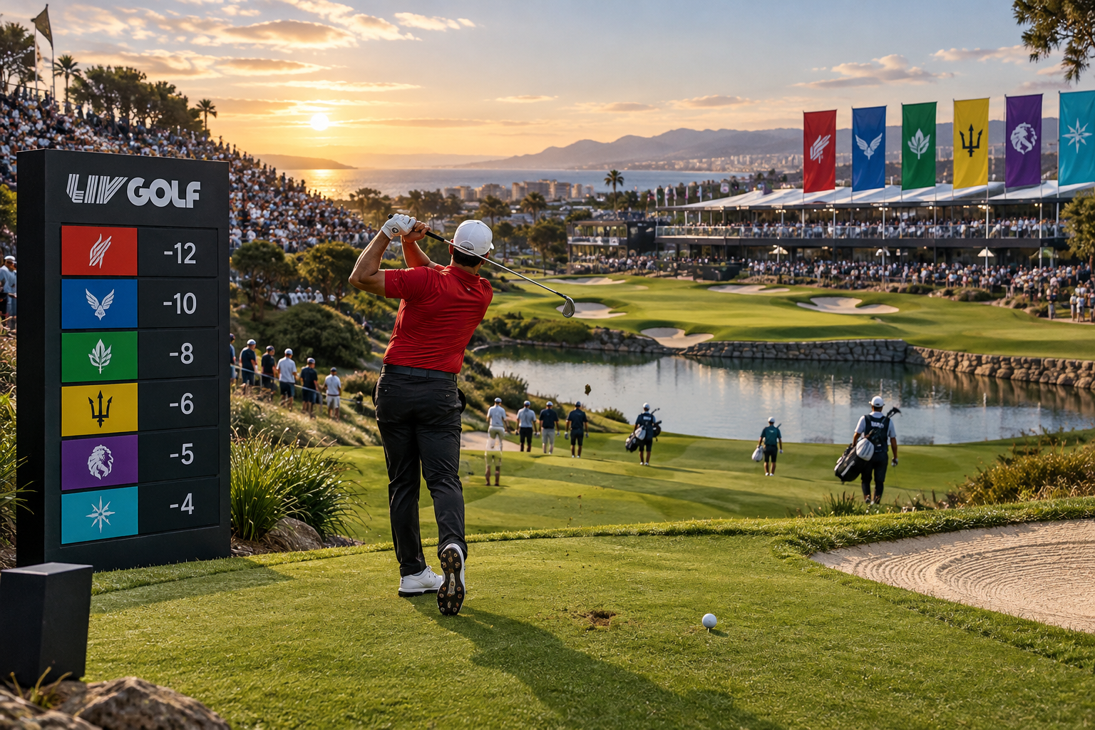Golfer swings before a LIV GOLF crowd, with team banners and leaderboard; poulter golf atmosphere on a sunlit course.