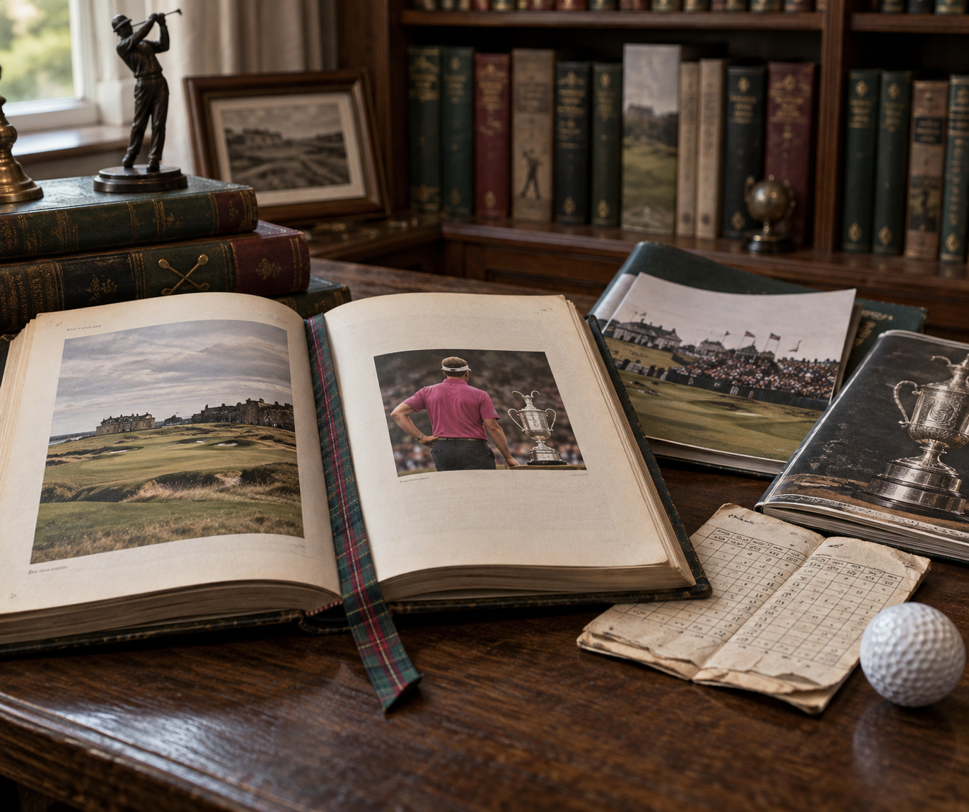 Open golf annual with archival golfer photo, scorecard, programme and golf magazine on an oak table, evoking poulter golf legacy.