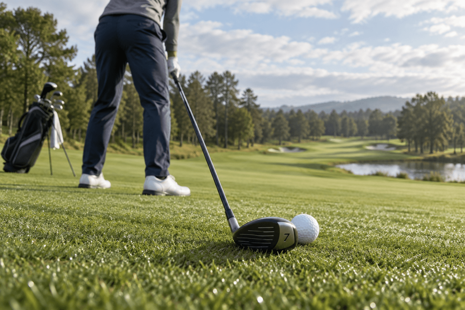 A 7 wood golf club rests behind a white ball on a dewy fairway as a golfer prepares to swing in soft morning light.
