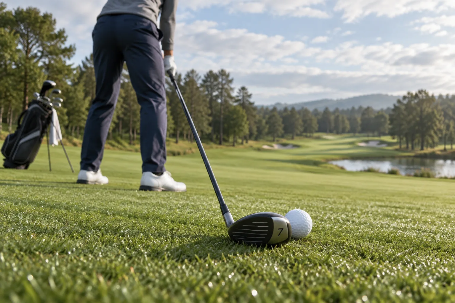 A 7 wood golf club rests behind a white ball on a dewy fairway as a golfer prepares to swing in soft morning light.