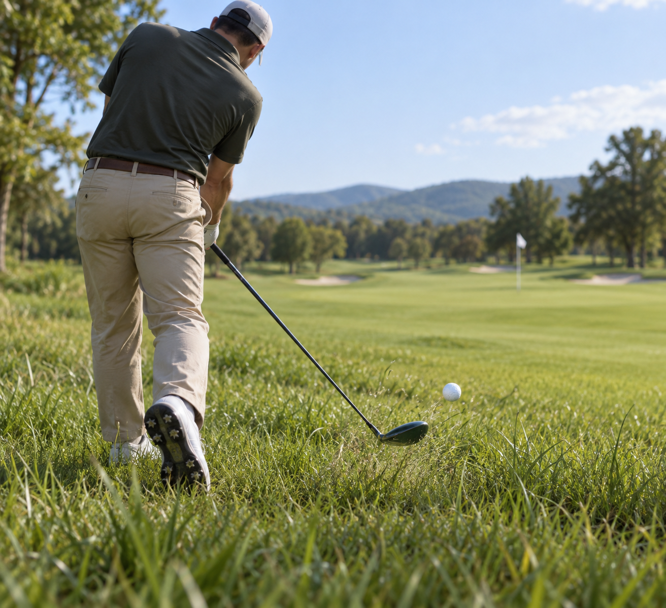Golfer strikes a white ball from light rough with a 7 wood golf club, fairway and distant flag softly blurred ahead.