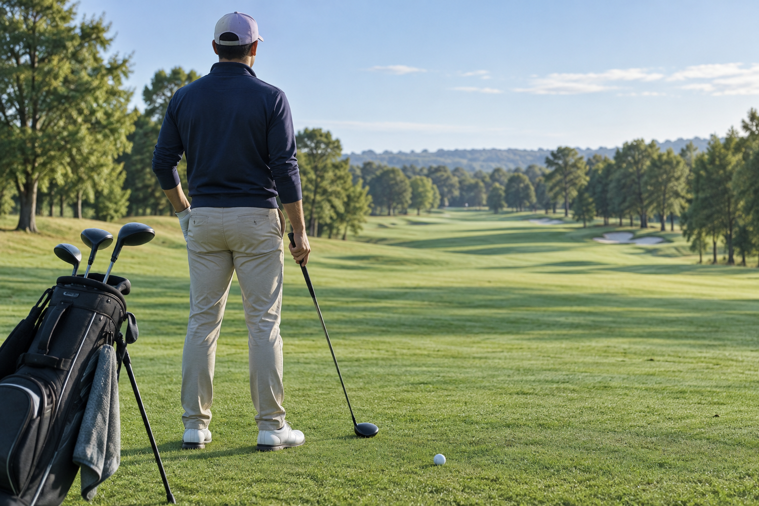 Golfer holds a 7 wood golf club beside an open bag on a sunlit fairway, with a ball on the grass and trees beyond.