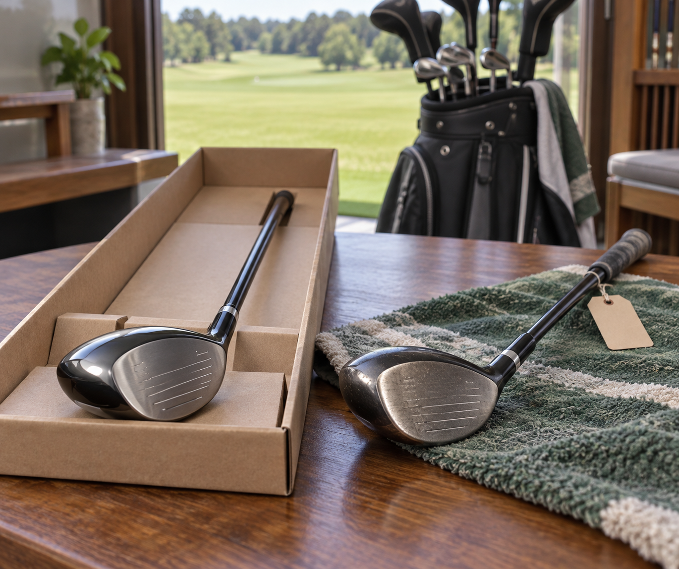 New and pre-owned 7 wood golf clubs on a fitting-room table, contrasting a pristine head with light wear against a blurred fairway.