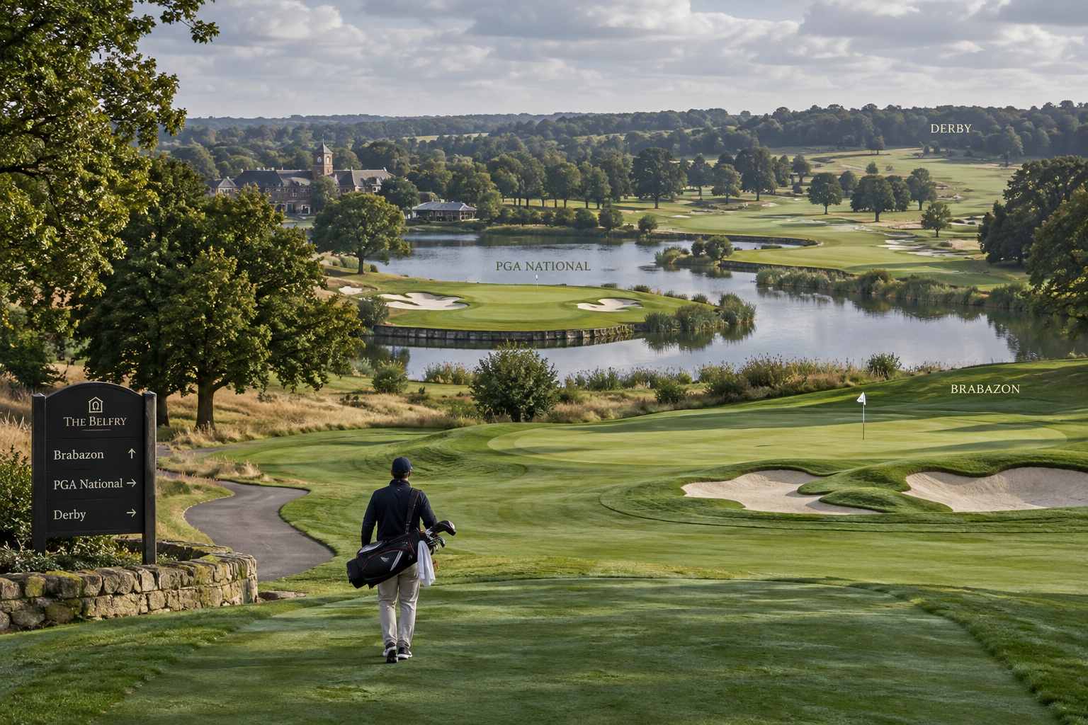 Elevated view of three golf courses at the belfry, with a golfer walking across the fairway and bunkers, water and trees beyond.