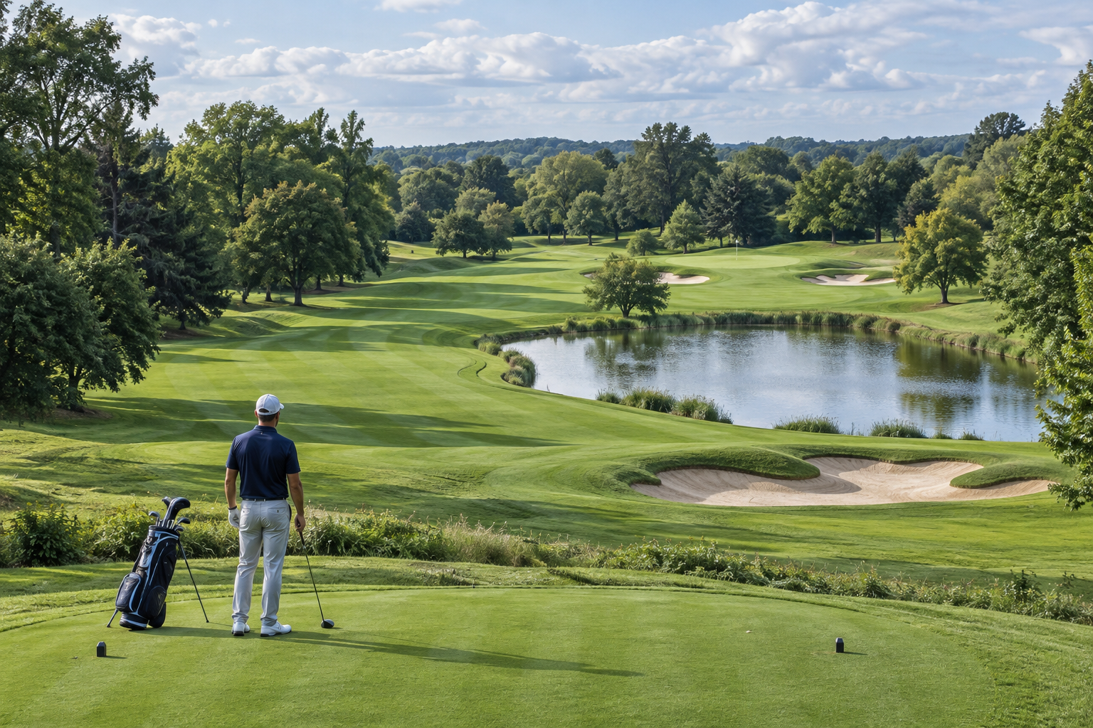 A golfer surveys a sweeping fairway, bunkers and water at golf courses at the belfry, with the distant green framed by mature trees.