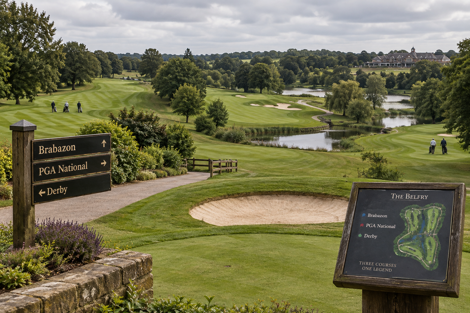 Signpost for the Brabazon, PGA National and Derby golf courses at the Belfry overlooks fairways, bunkers, water and woodland.