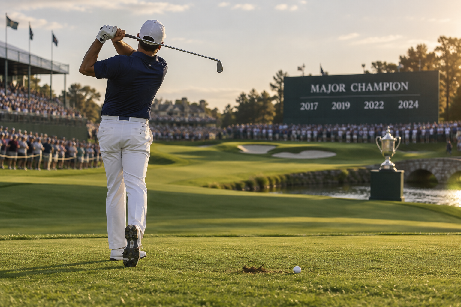 Golfer Brooks Koepka: Career Highlights and Major Wins 1 Golfer Brooks Koepka in a navy polo and white trousers follows through as a golf ball rests by a divot, with a trophy and leaderboard beyond.