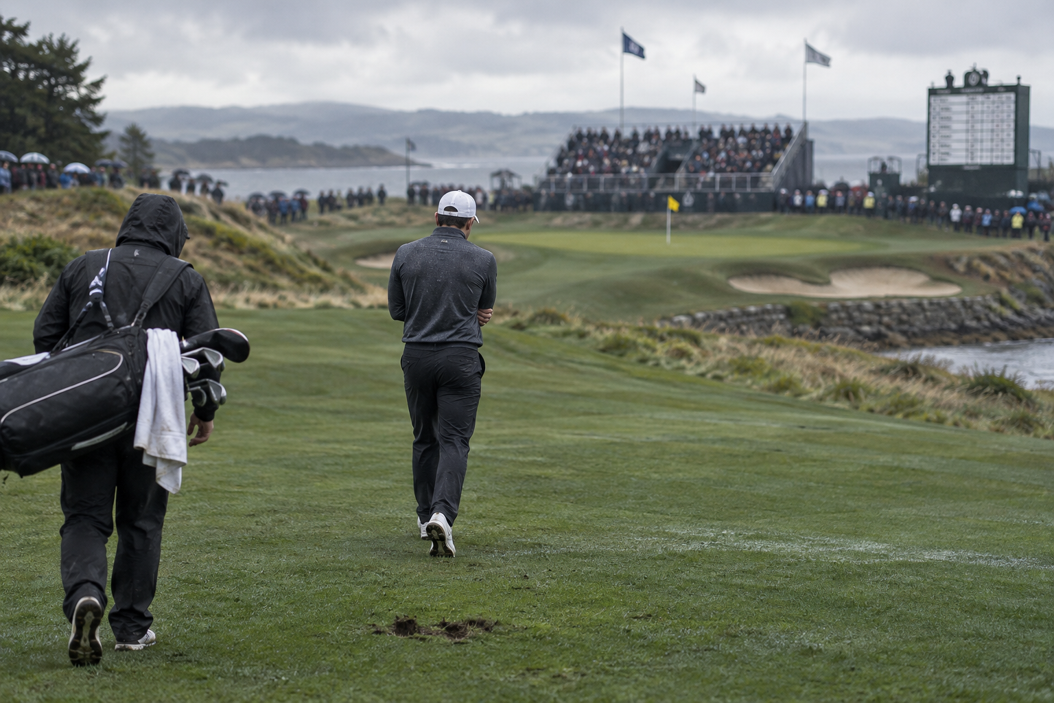 Golfer Brooks Koepka walks across a rain-soaked fairway as a caddie follows, with a distant green and gallery ahead.