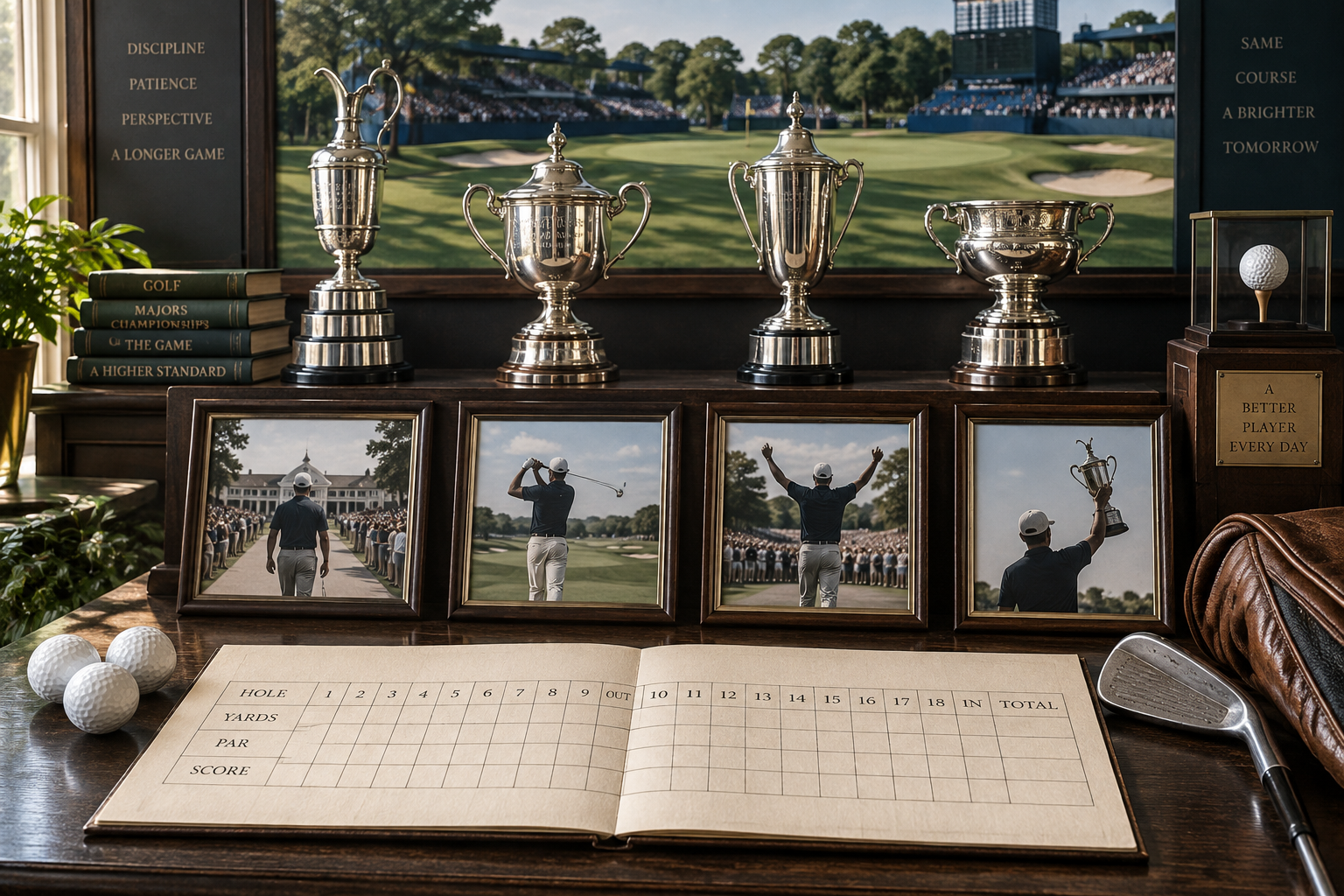 Archival golf display with a scorecard, championship photos, silver trophies and course backdrop, evoking golfer brooks koepka’s career.