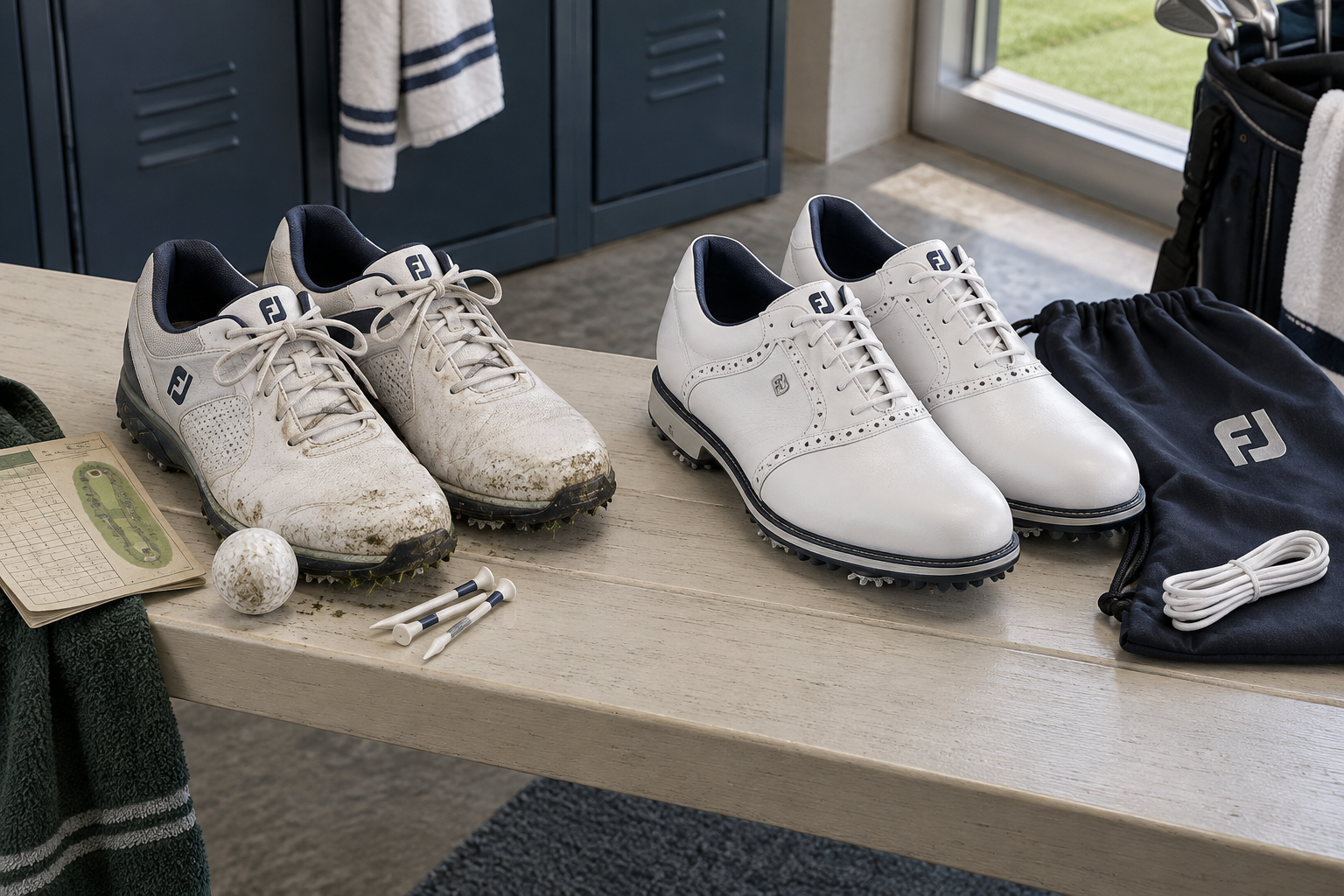 Two pairs of FootJoy golf shoes compare premium white leather with practical synthetic styles on a bench, beside golf gear